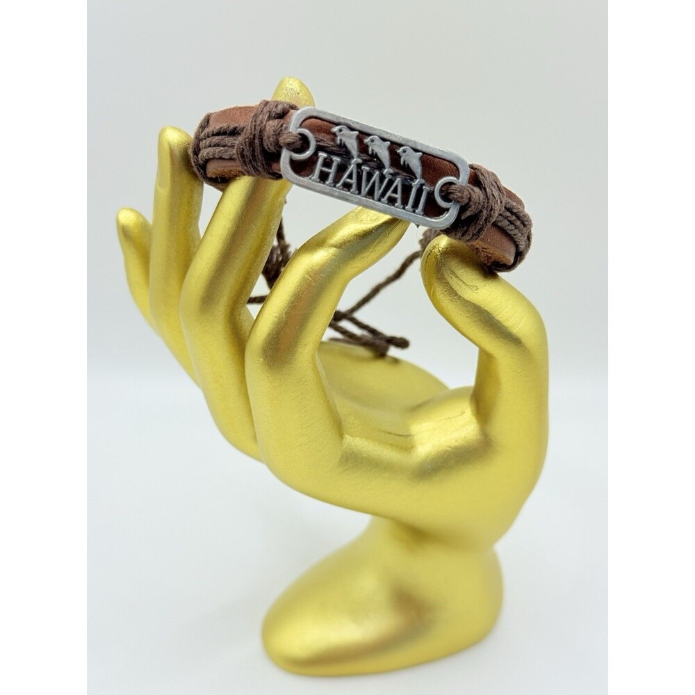 Brown weaved Leather braclet with Silver tone Plate engraved Hawaii Adjustable